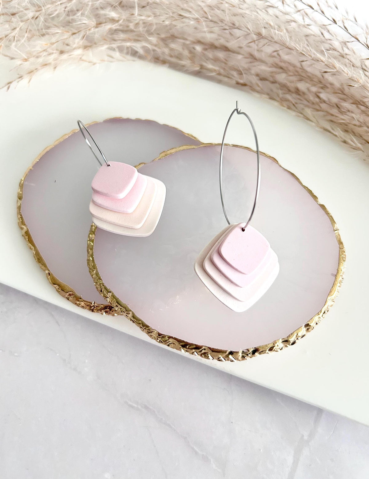 Pink or Blue Pastel Earrings, Dangle Hoops, Geometric Clay Dangles, Beach Vacation Jewelry Gift