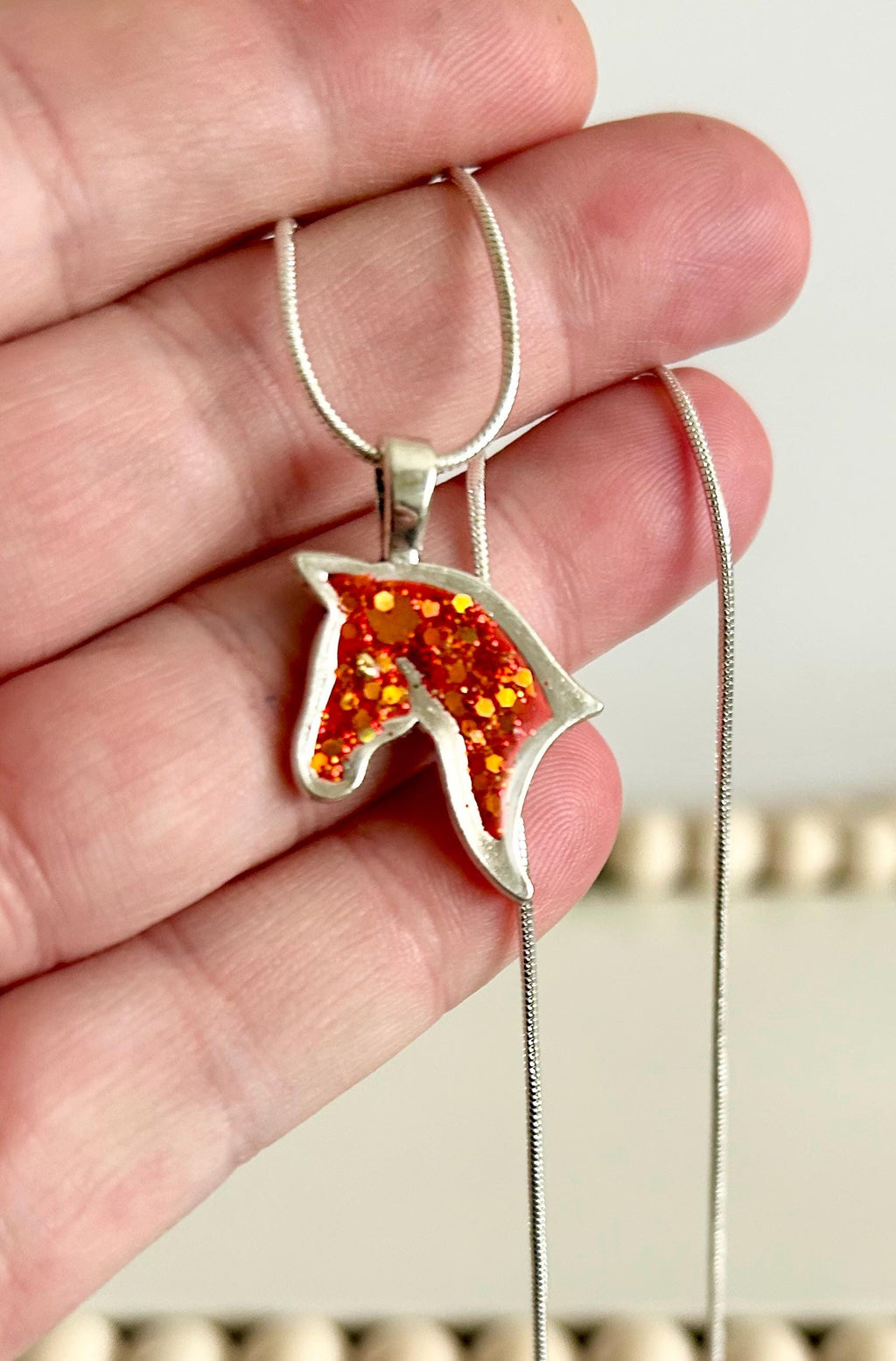 Year of the Horse Fire Necklace, Red and Silver Sparkly Pendant, Handmade Fashion Clay Jewelry