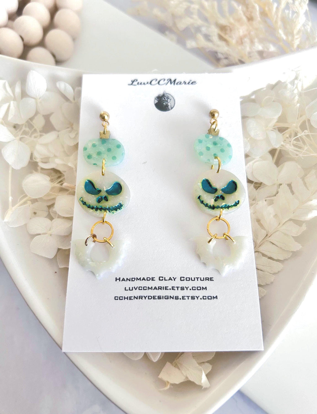 Mint Green Pumpkin Earrings, Skull Bat Long Dangles, Lightweight Hypoallergenic Clay Polka Dot