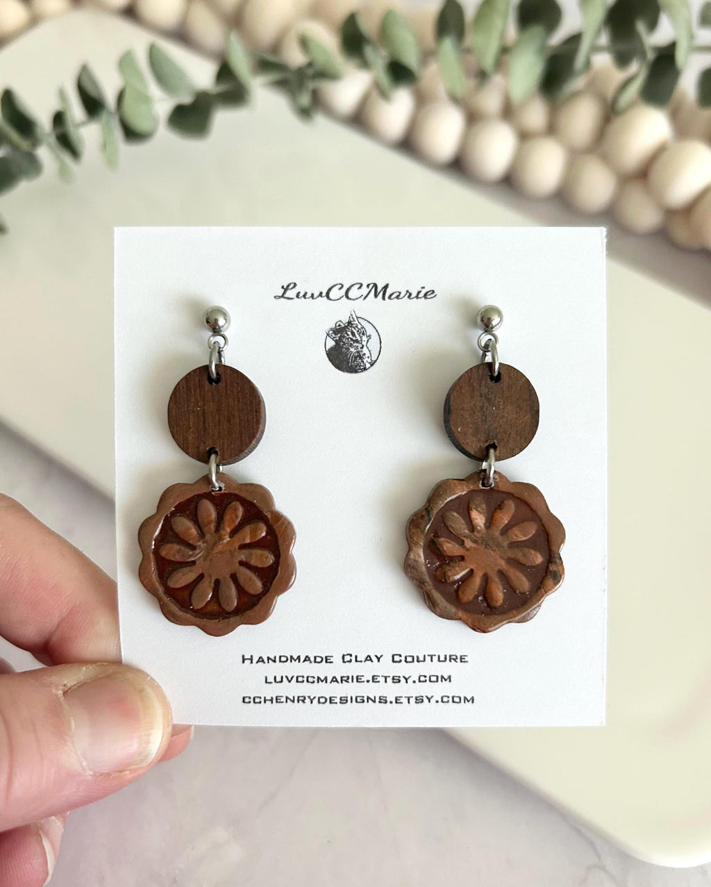 Dark Brown Clay and Wood Dangle Earrings, Santorini Tile Dangles, Fall Neutral Handmade Jewelry Gift