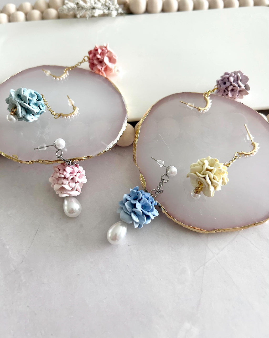 Hydrangea Earrings, Flower Cluster Clay Dangles, Pearl Chain Pastel Floral Drop Unique Wedding Jewelry