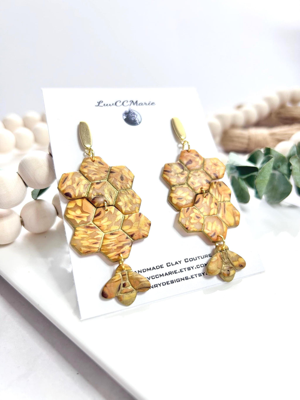 Honey Bee Earrings, Yellow Statement Stud Dangles, Mustard Honeycomb Handmade Clay Jewelry Gift
