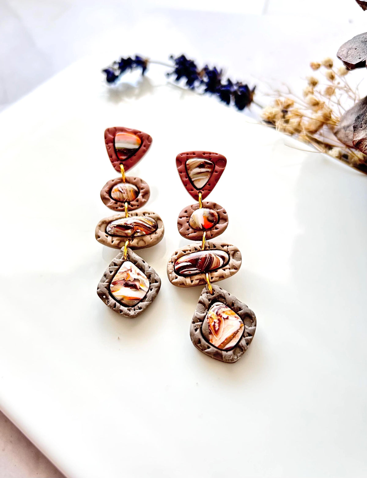 Neutral Stone Statement Dangles, Beige, Brown, Orange, White, Handmade Clay Post Earrings