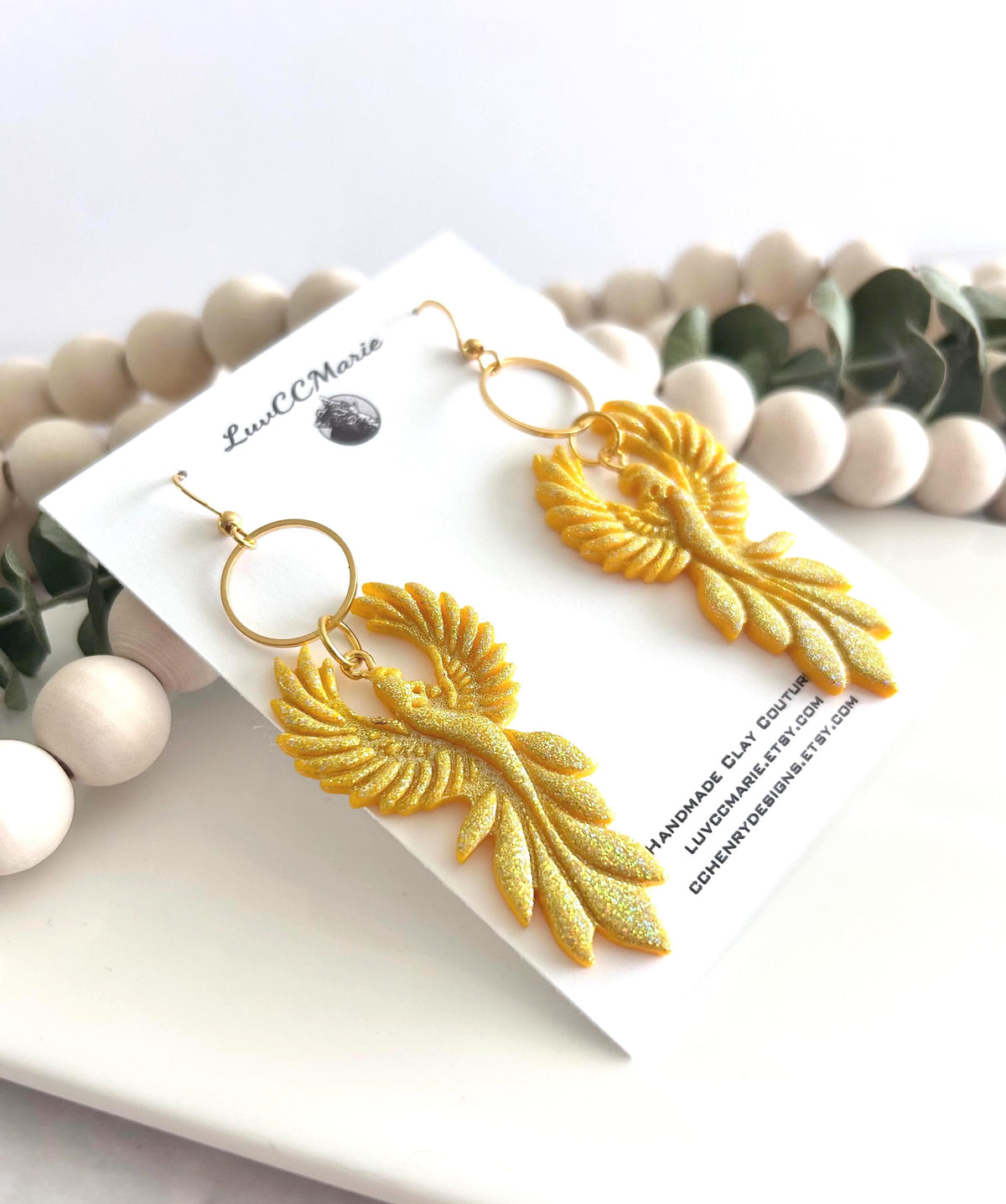 Iridescent Firebird Dangle Earrings, Handmade Clay Phoenix Dangles, Gold Glitter Statement Jewelry