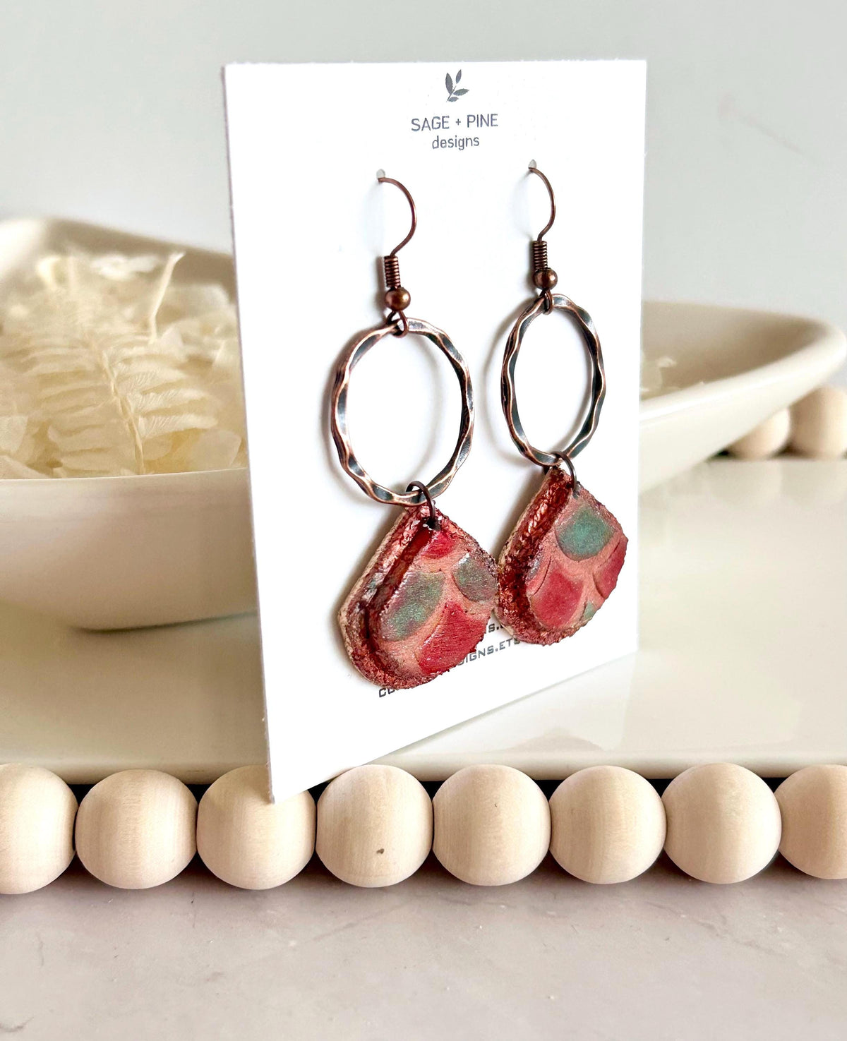 Copper Patina Clay Earrings, Abstract Hoop Drops, Green Statement Jewelry Gift
