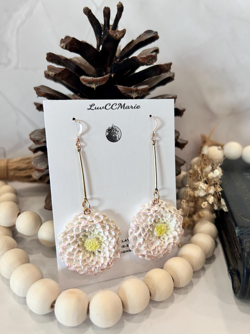 Handmade Black Dahlia Clay Earrings: Gold Floral Bar Dangles