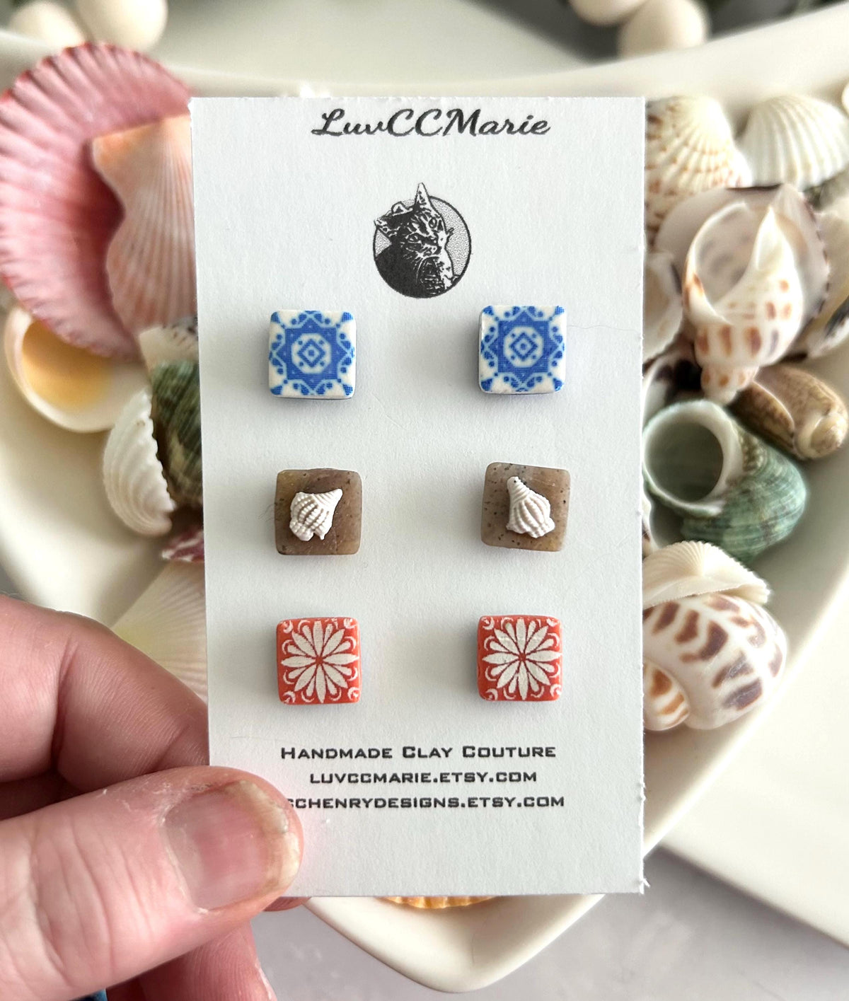 Tile Studs, Santorini Clay Stud Set, Mediterranean Vacation Boho Earrings, Handmade Jewelry, Stocking Stuffers