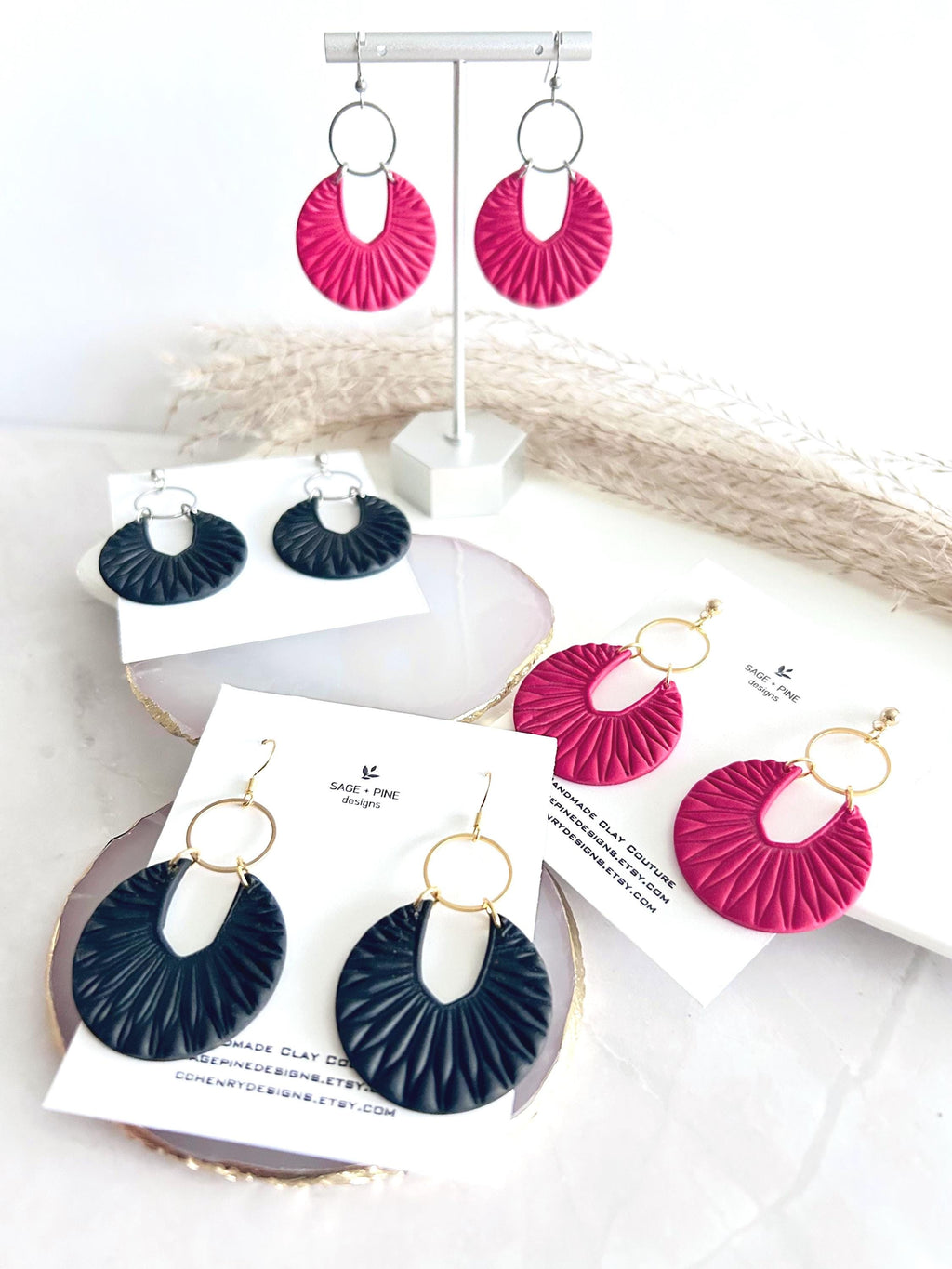 Matte Red Boho Earrings, Black and Gold Hoop Dangles, Handmade Clay Jewelry Gift