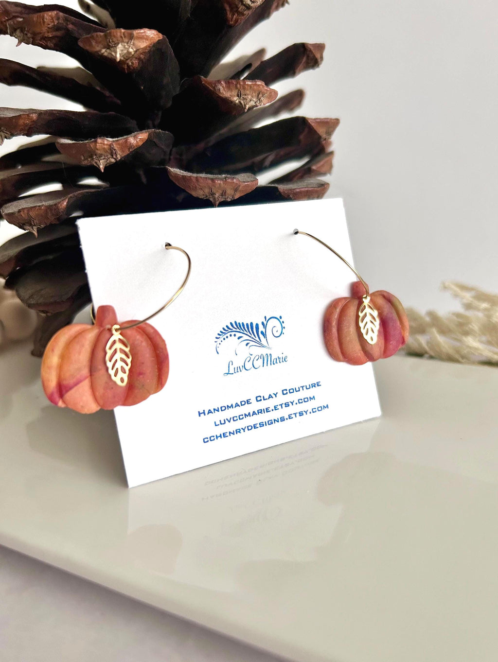 Pumpkin Hoops, Burgundy Marbled Fall Earrings, Gold Leaf Hoop Dangles, Handmade Clay Autumn Jewelry