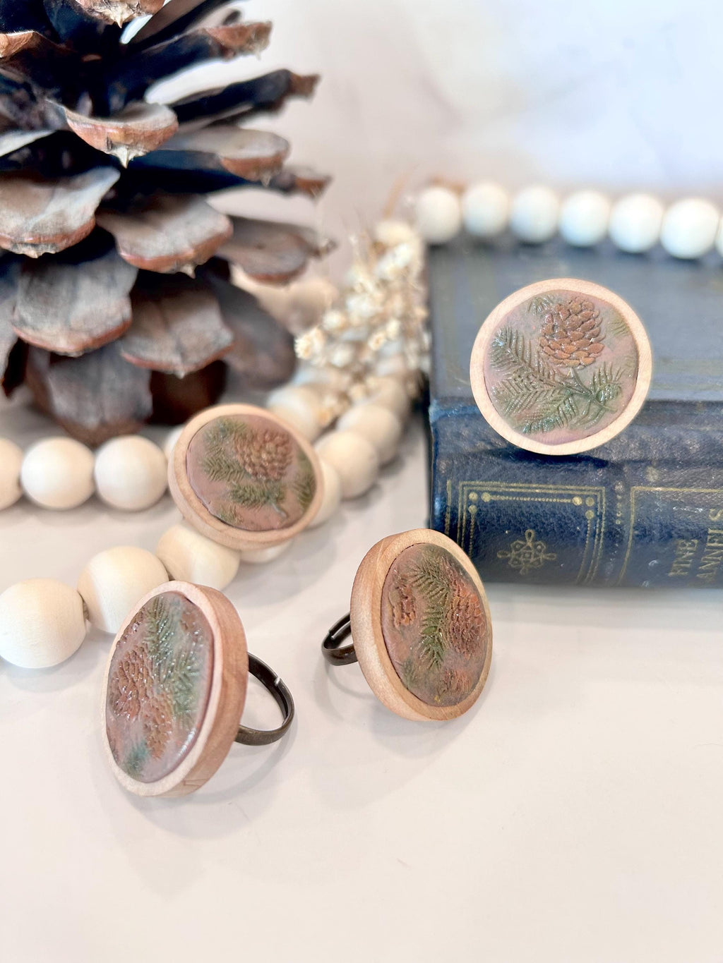 Handmade Pinecone Statement Ring: Mocha Clay & Wood, Adjustable Boho Jewelry
