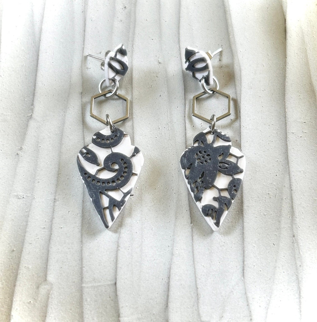Black and White Boho Earrings, Charcoal Lace Embossed Floral Clay Dangles, Handmade Jewelry