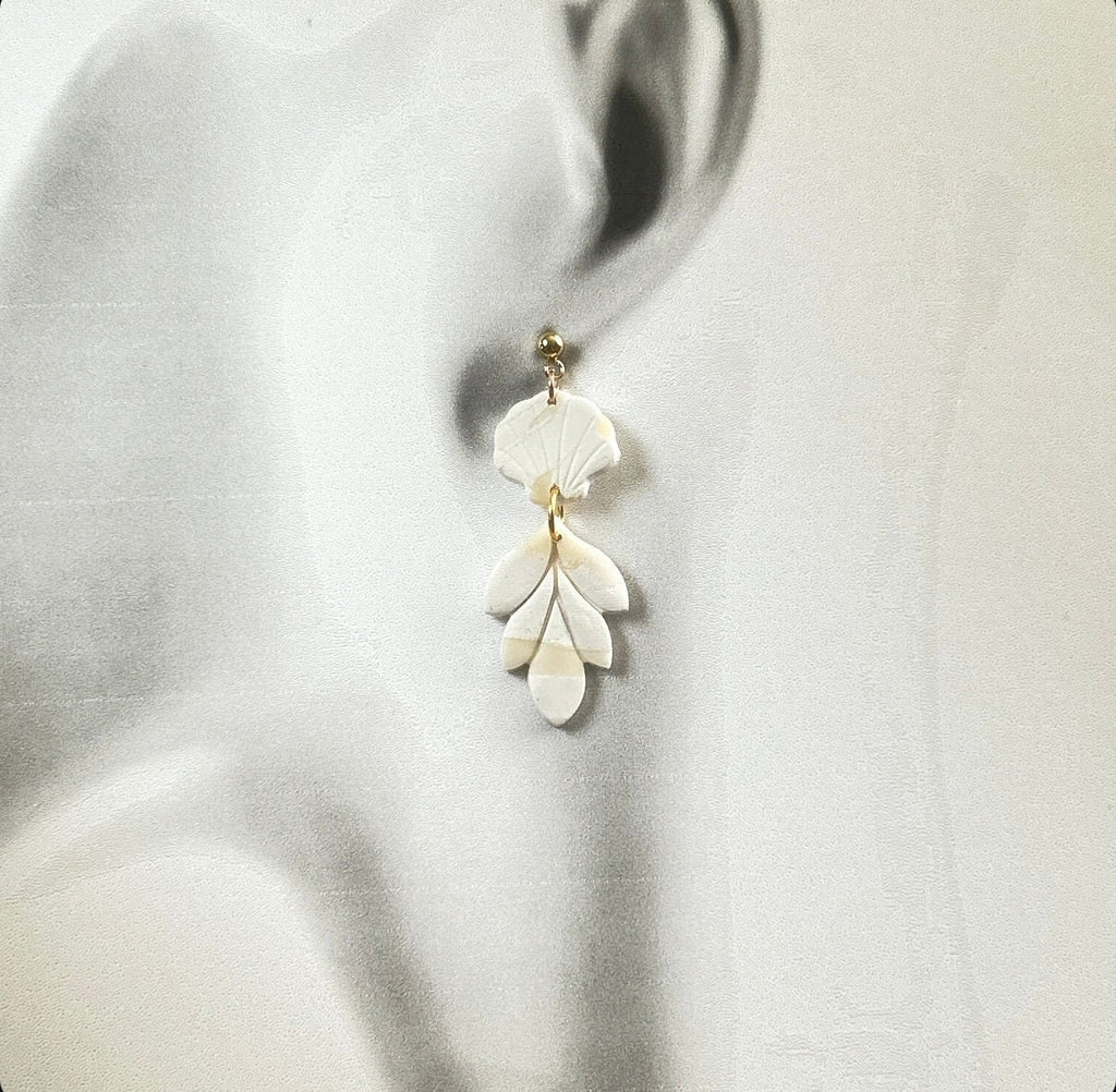 White Cream Beachy Earrings, Coastal Vacation Drop Dangles, Large Leaf Handmade Clay Jewelry Gift