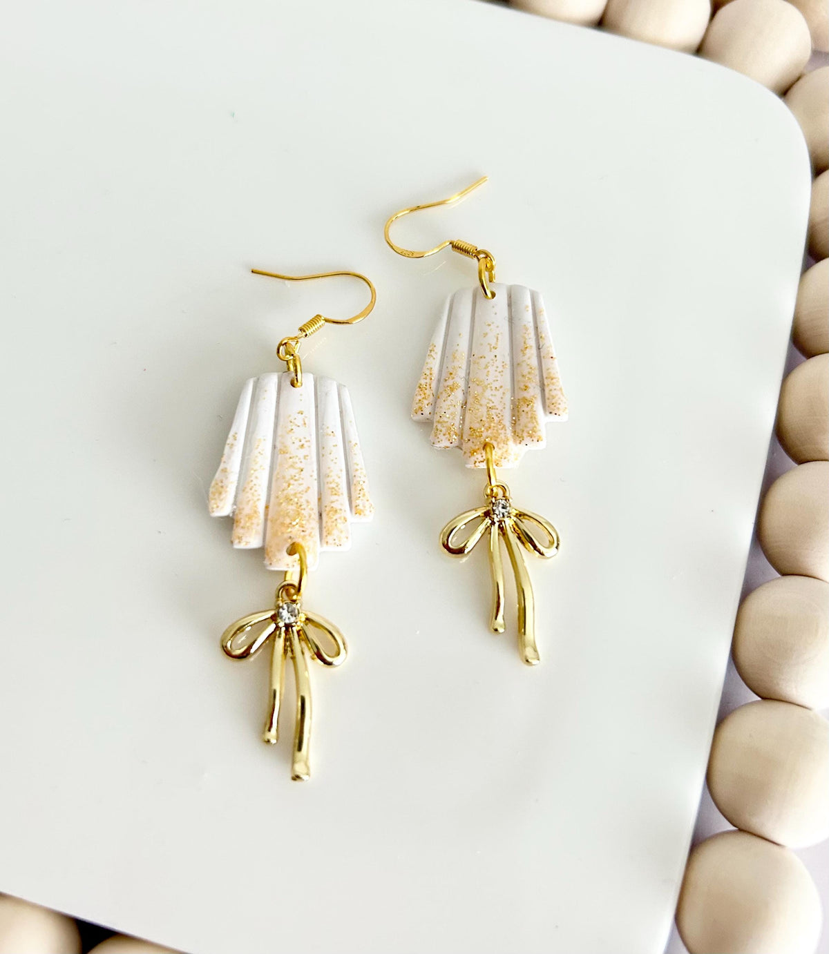 Sparkly Dangles, Bow Earrings, Modern Wedding Clay Jewelry, Handmade Gift For the Bride