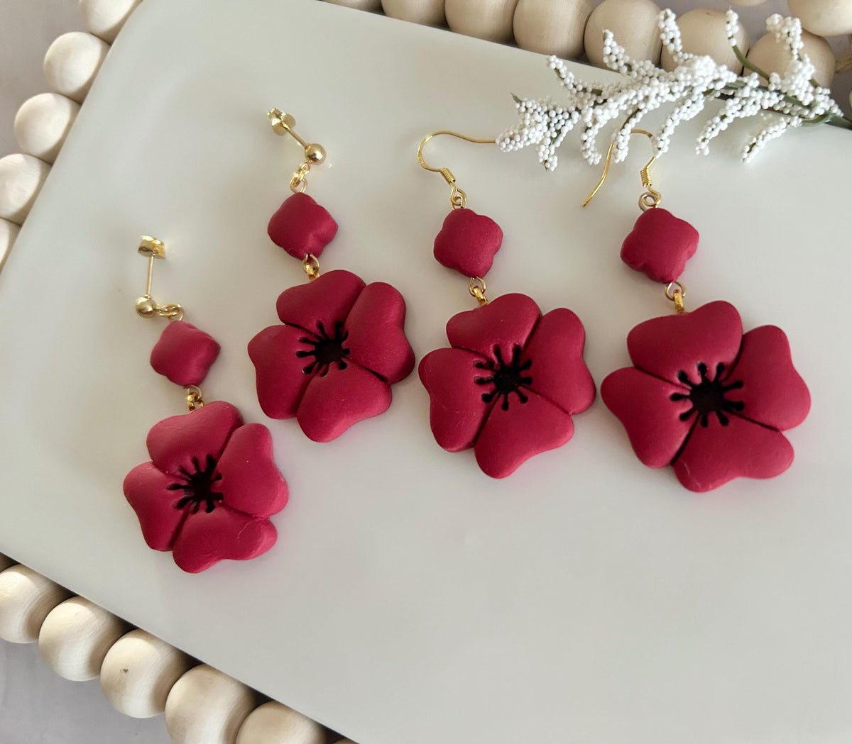 Dark Red Poppy Earrings, Polymer Clay Flora Dangles, Handmade Boho Jewelry Gift