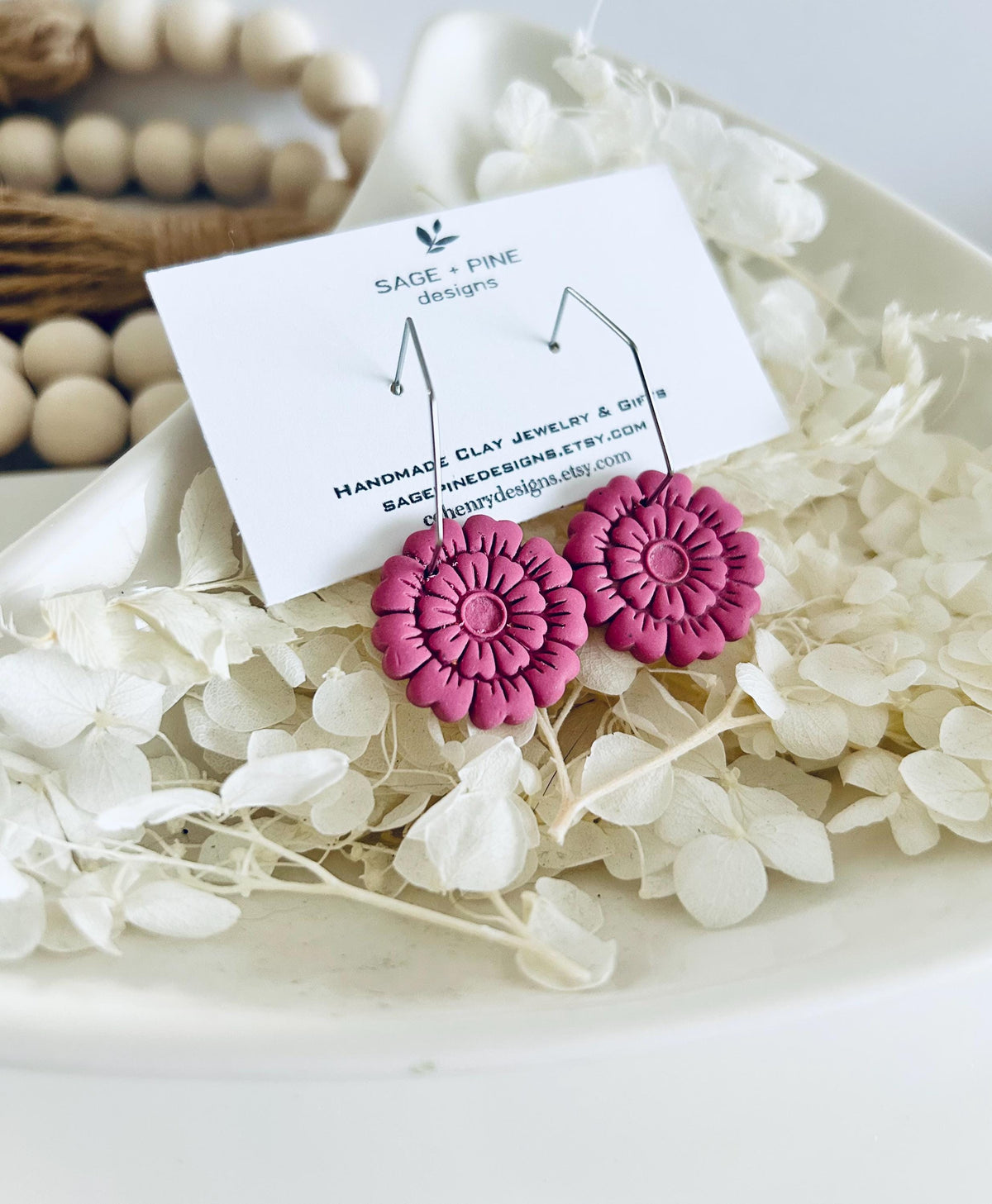 Spring Floral Clay Earrings, Sage Green Hoop Dangles, Boho Hypoallergenic Lightweight Jewelry