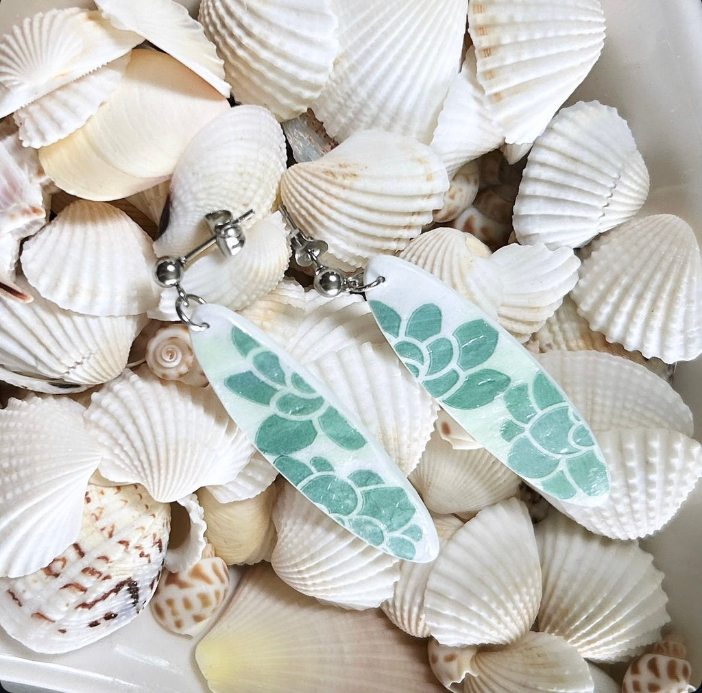 Mint Green Surfboard Earrings, Succulent Plant Dangles, Handmade Clay Coastal Beach Vacation Jewelry