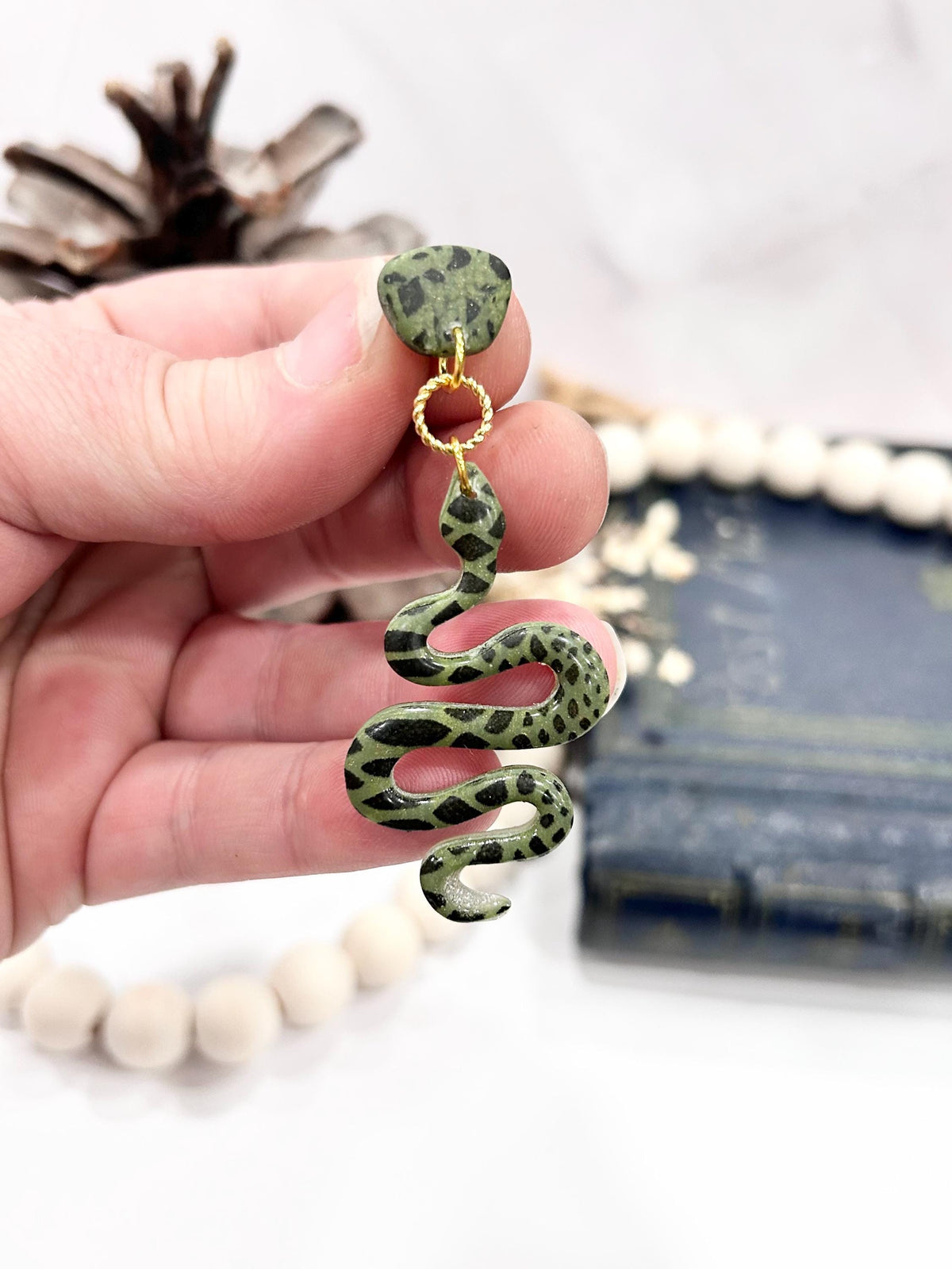 Handmade Polymer Clay Snake Earrings: Green & Black Boho Dangles