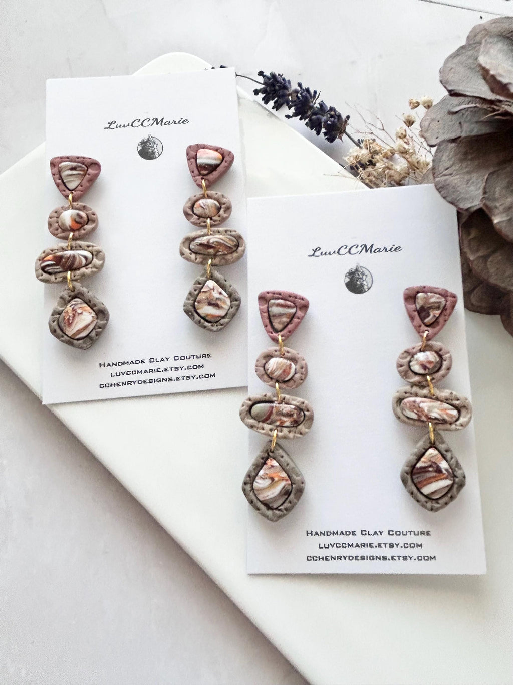 Neutral Stone Statement Dangles, Beige, Brown, Orange, White, Handmade Clay Post Earrings