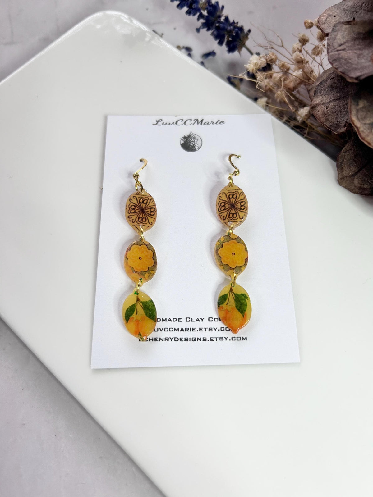 Lemon Mexican Tile Dangles, Santorini Earrings, Yellow Clay Long Handmade Lightweight Hypoallergenic