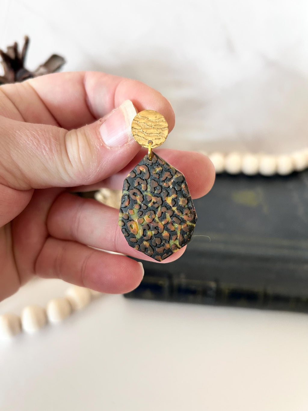 Leopard Print Dangle Earrings, Black and Brown Cheetah Print, Gold Safari Animal Inspired Gifts