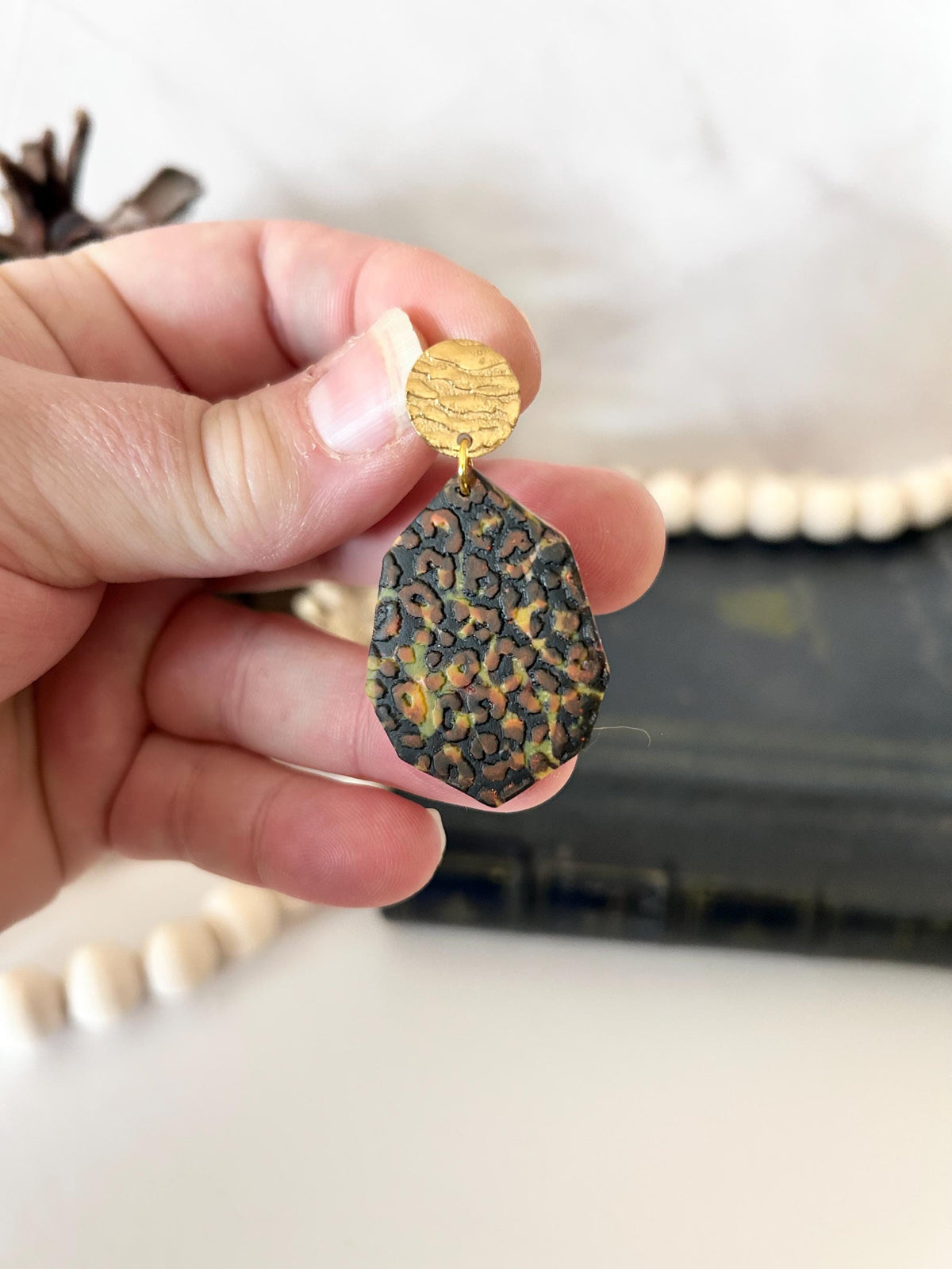 Leopard Print Dangle Earrings, Black and Brown Cheetah Print, Gold Safari Animal Inspired Gifts