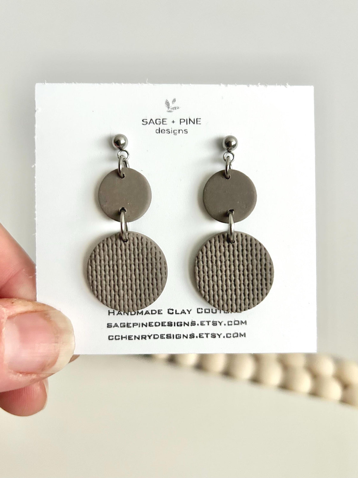 Khaki Clay Dangle Earrings, Neutral Casual Drop Dangles, Handmade Jewelry