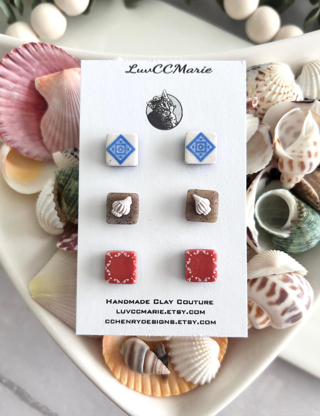 Tile Studs, Santorini Clay Stud Set, Mediterranean Vacation Boho Earrings, Handmade Jewelry, Stocking Stuffers