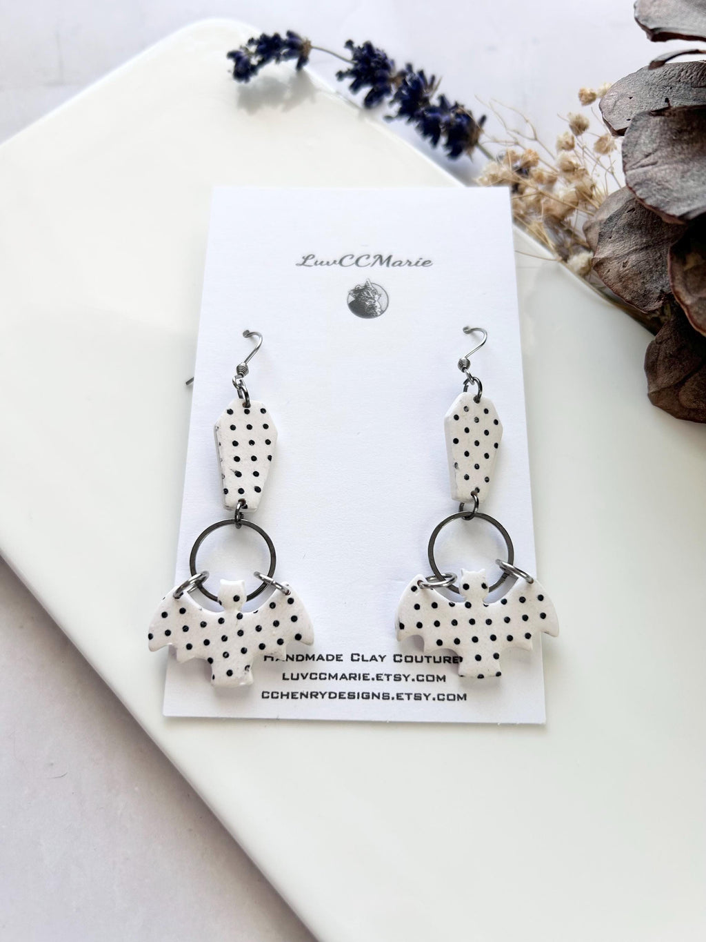 Polka Dot Long Earrings, Bat Coffin Dangles, Black and White Emo Jewelry