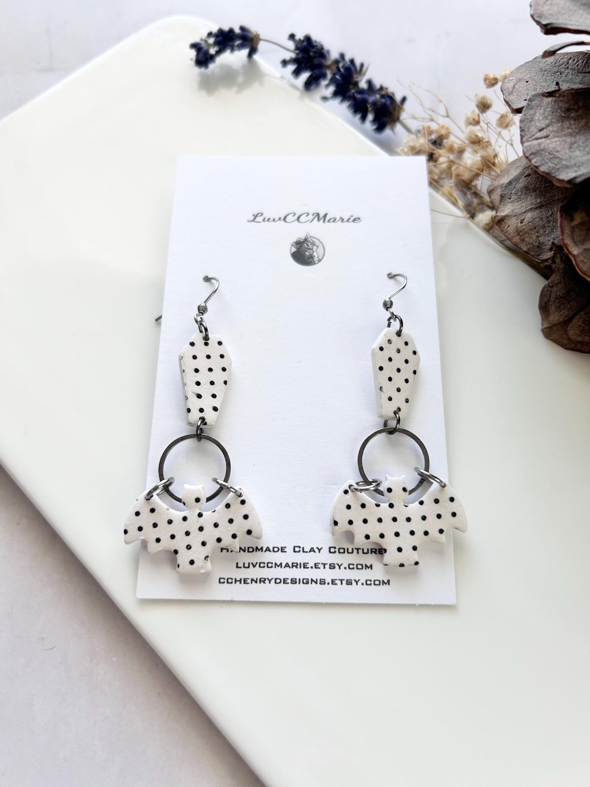 Polka Dot Long Earrings, Bat Coffin Dangles, Black and White Emo Jewelry