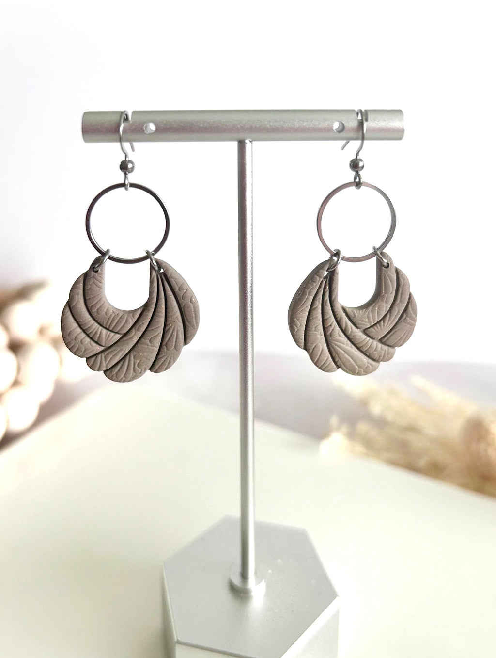 Handmade Khaki Clay Earrings: Boho Floral Embossed Dangles