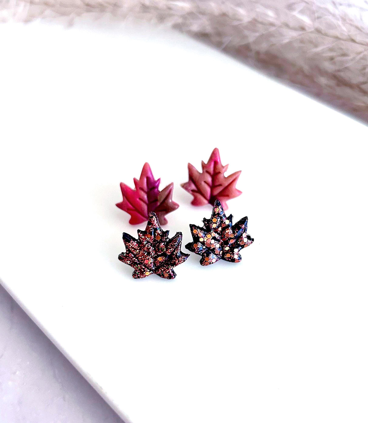 Red Maple Fall Leaf Stud Earrings, Glitter Clay Studs Set, Fire Sparkly Handmade Post