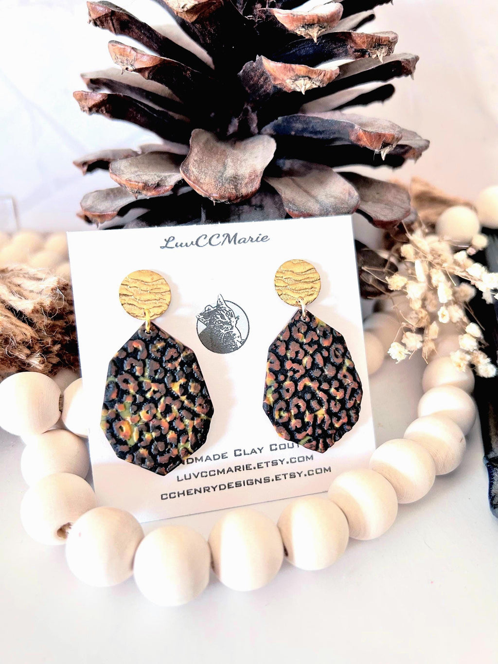 Leopard Print Dangle Earrings, Black and Brown Cheetah Print, Gold Safari Animal Inspired Gifts