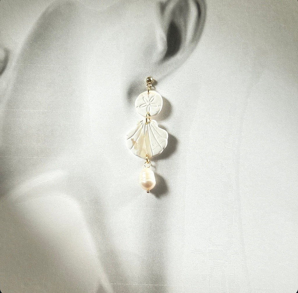 Seashell Earrings, Coastal Vacation Dangles, Beachy Sand Dollar Pearl Handmade Clay Jewelry Gift