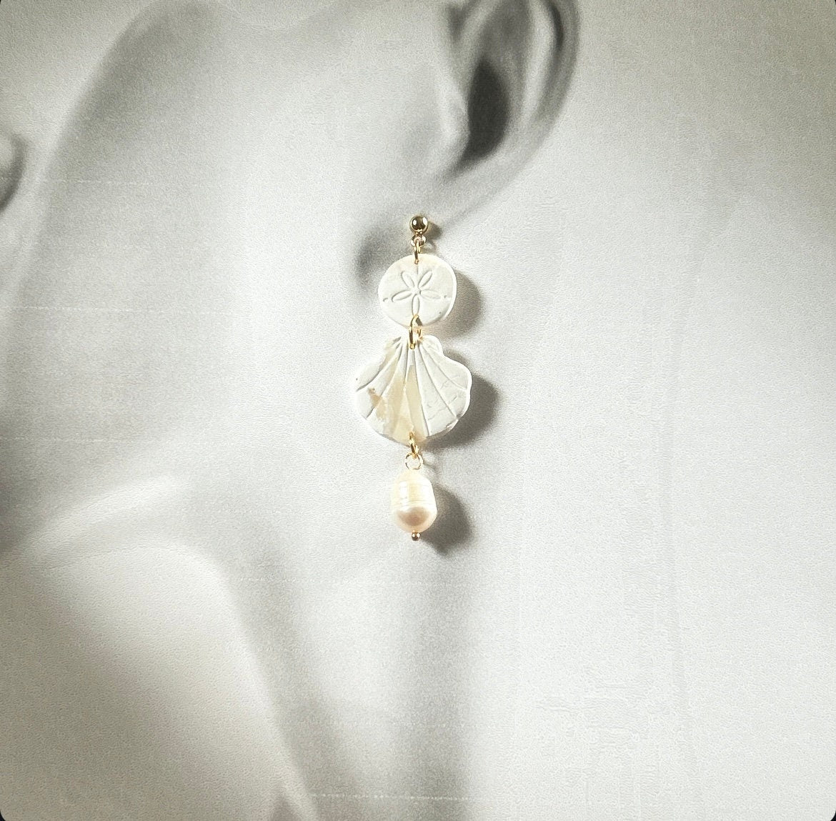 Seashell Earrings, Coastal Vacation Dangles, Beachy Sand Dollar Pearl Handmade Clay Jewelry Gift