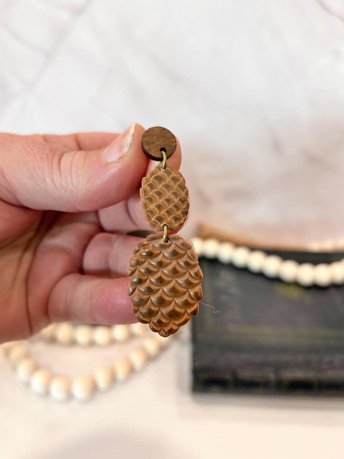 Handmade Pine Cone Statement Stud Dangle Earrings: Wood & Clay Fall Boho Jewelry