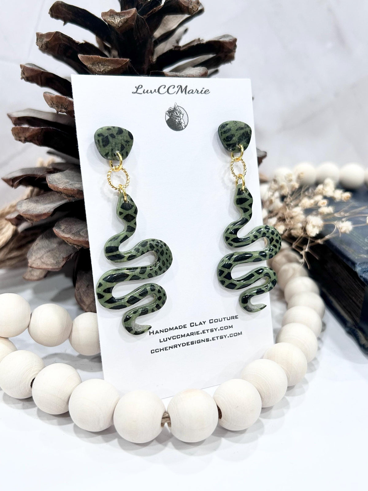Handmade Polymer Clay Snake Earrings: Green & Black Boho Dangles