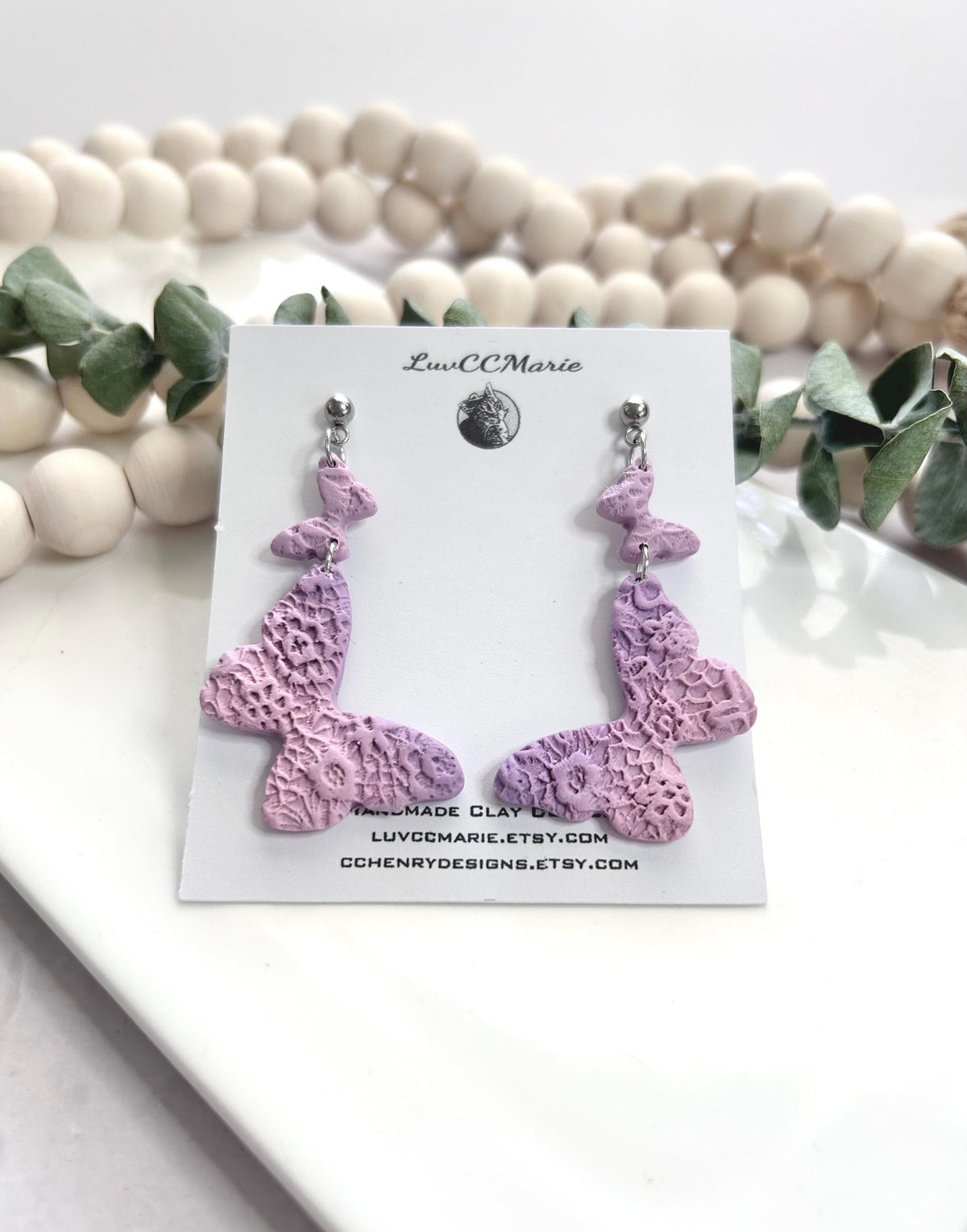 Lavender Floral Butterfly Earrings, Light Purple Embossed Dangles, Handmade Clay Jewelry Gift
