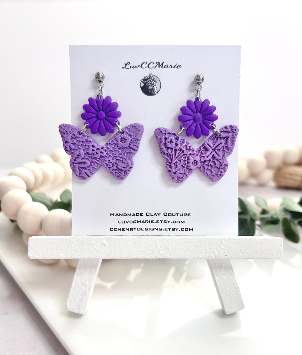 Purple Butterfly Clay Earrings: Handmade Daisy Flower Dangles