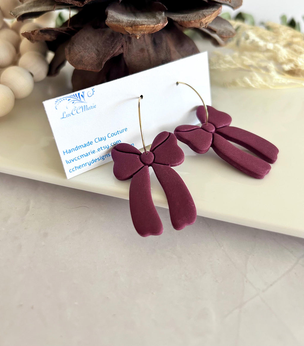 Dark Burgundy Bow Earrings, Fall Statement Hoop Dangles, Maroon Boho Clay Handmade Jewelry