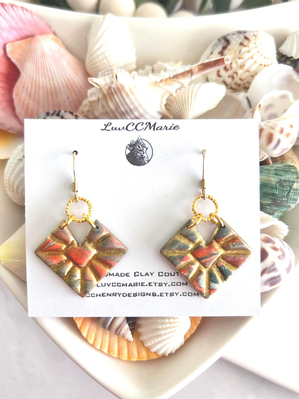 Green and Gold Marbled Geometric Hoop Dangles, Bright Orange Clay Earrings, Handmade Jewelry