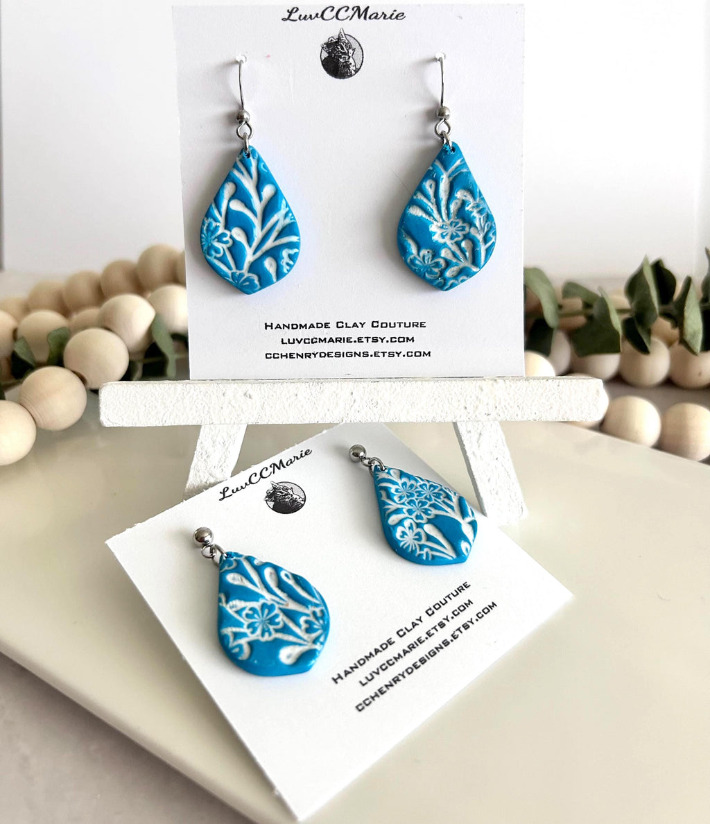 Teal Blue & White Dangle Earrings, Tile Clay Earrings, Boho Floral Dangles, Handmade Lightweight Jewelry
