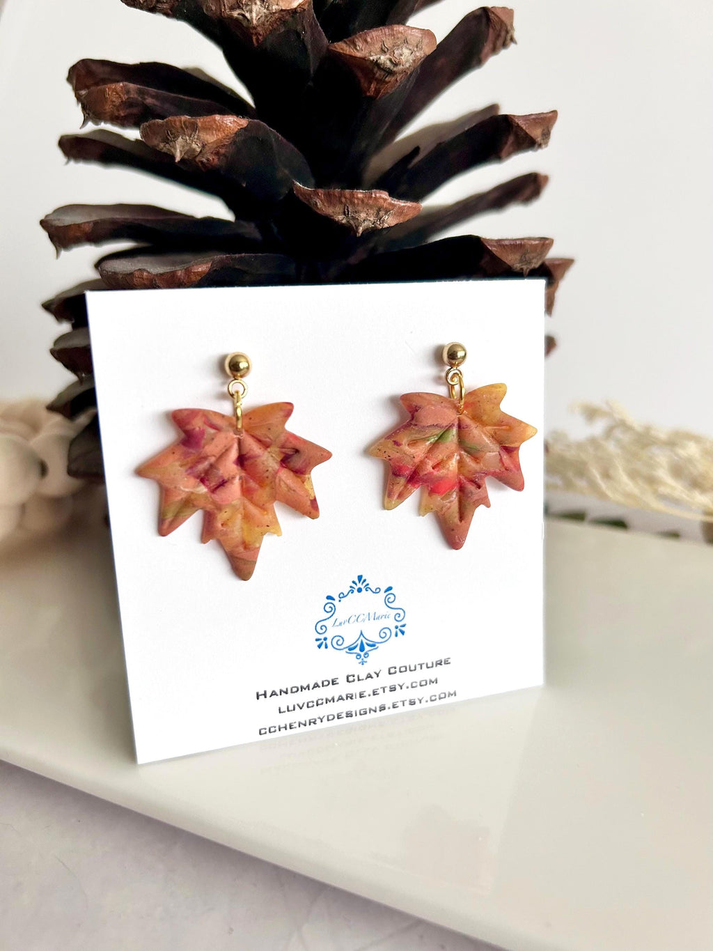 Maple Leaf Dangle Earrings, Clay Stud Dangles, Handmade Multicolor Fall Jewelry