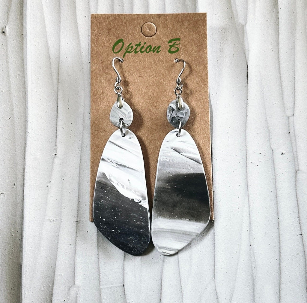 Marbled Clay Dangle Earrings: Gray Black White Boho Jewelry