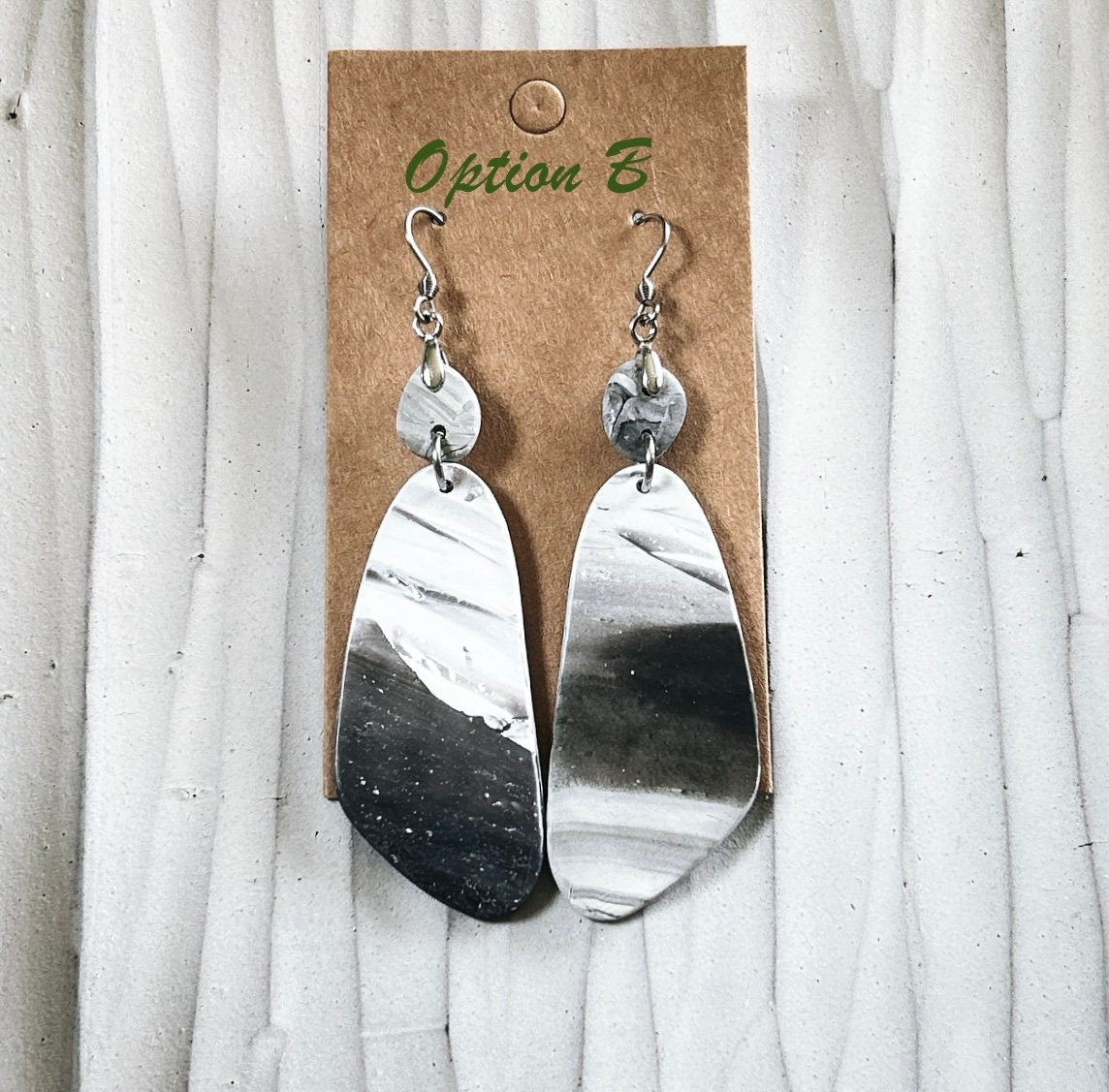 Marbled Clay Dangle Earrings: Gray Black White Boho Jewelry