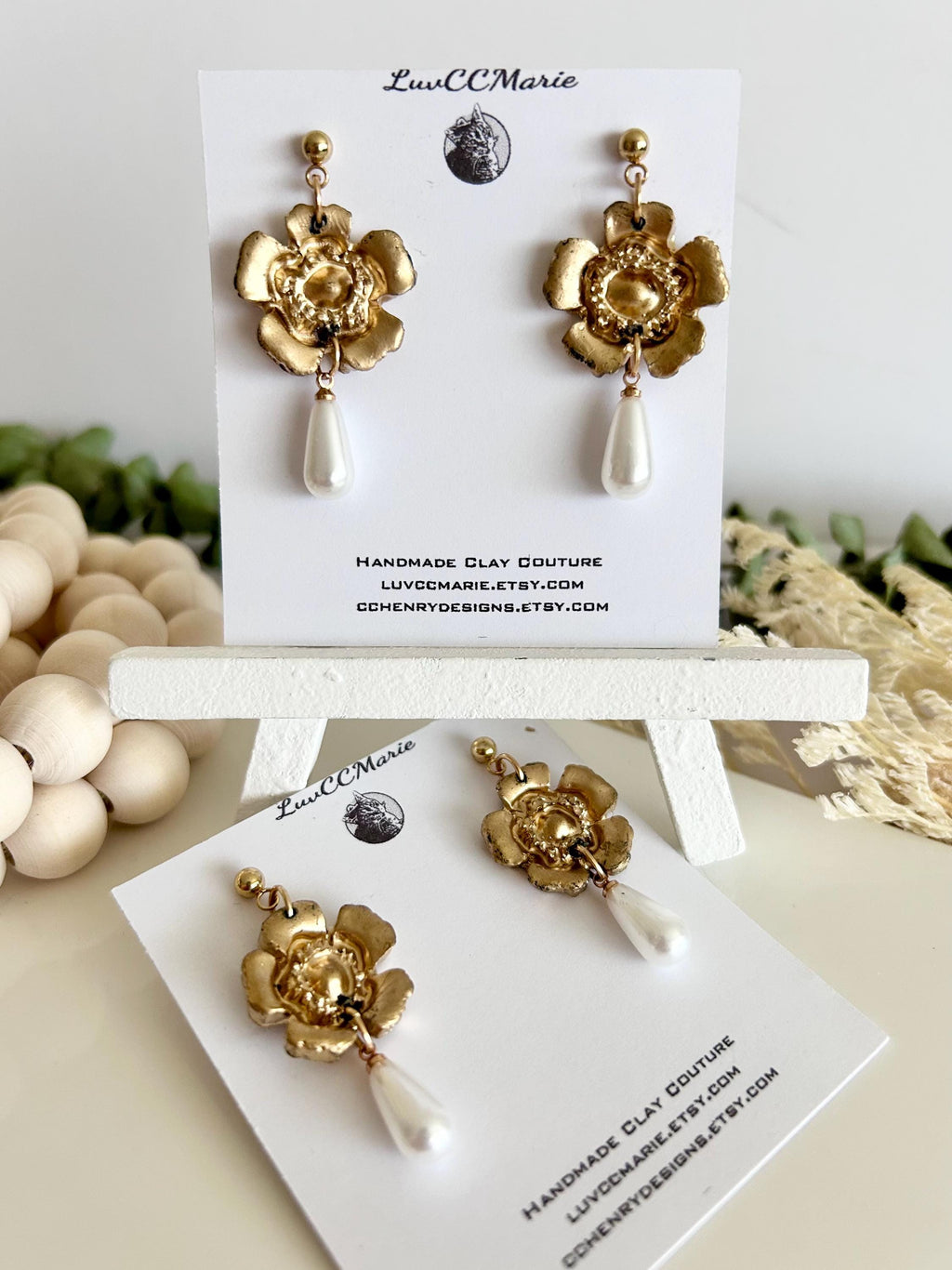 Handmade Pearl Dangle Poppy Earrings, Gold Floral Drop Dangles, Flower Bridal Clay Jewelry