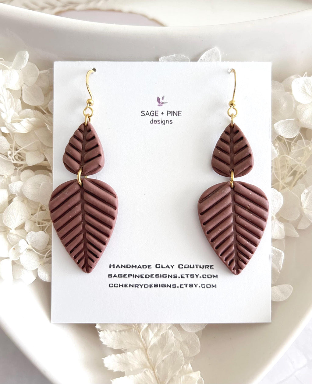 Chocolate Brown Leaf Earrings, Fall Leaves Stud Drop Dangles, Handmade Clay Boho Jewelry