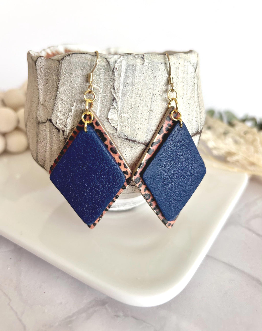 Navy Blue Leopard Print Hoop Earrings, Clay Dangles, Handmade Hypoallergenic Surgical Stainless Steel