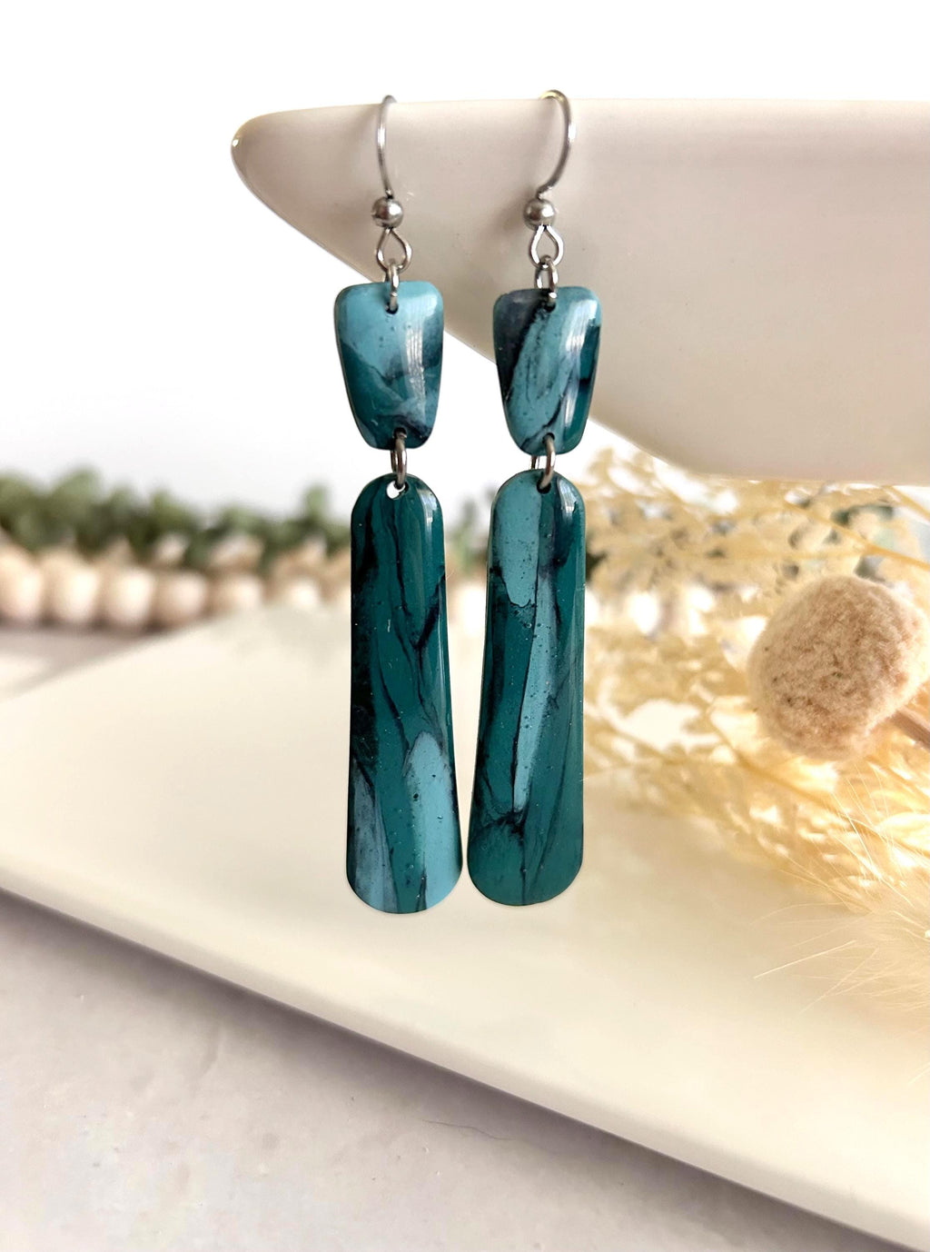Emerald Green and Teal Blue Silver Long Dangle Earrings, Handmade Clay Coastal Jewelry