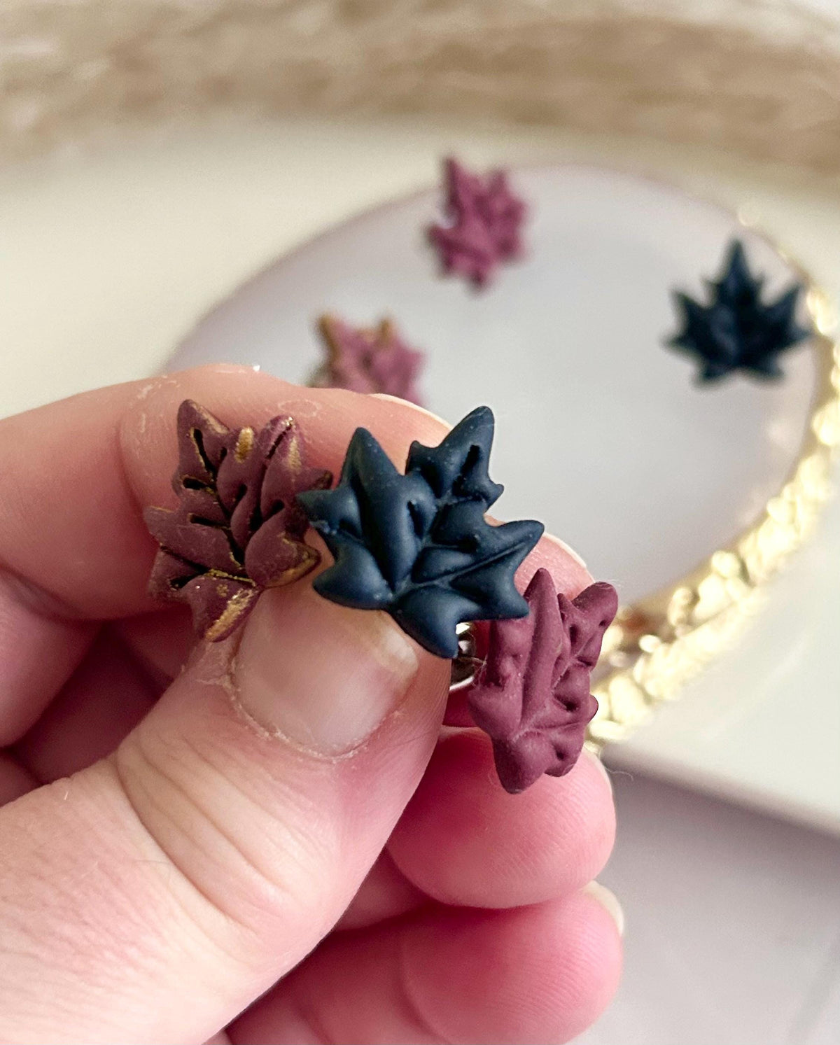 Navy Blue & Dark Burgundy Maple Leaf Stud Earrings, Hypoallergenic Post Fall Jewelry