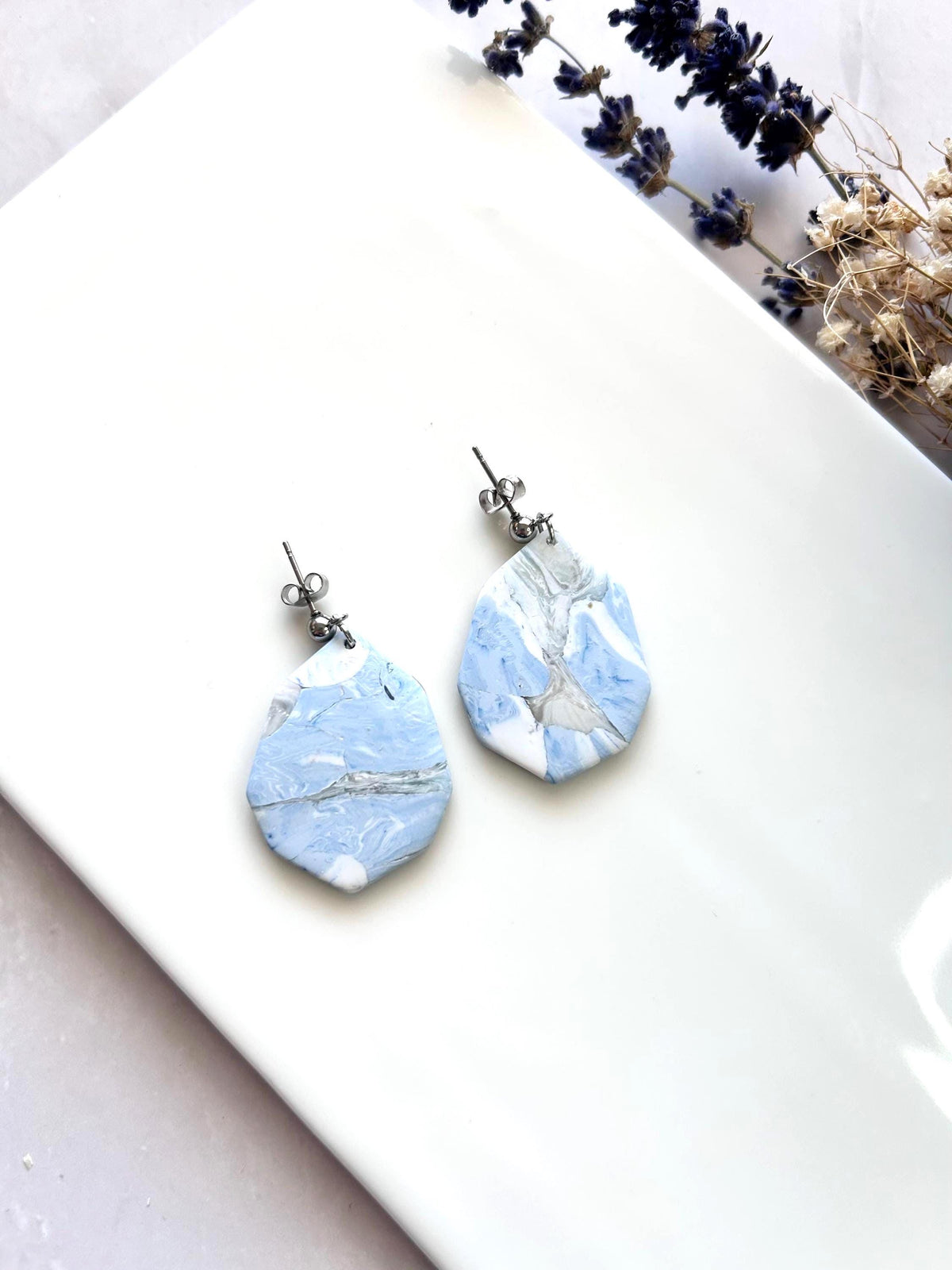 Pale Blue Marbled Earrings, Clay Octagon Dangles, Handmade Fashion Lightweight Jewelry Vacation Gift
